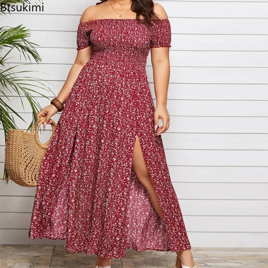 New 2024 Women's Summer Strapless Beach Dress Vintage Sundress Bohemian Maxi Dress Robe Femme Boho Floral Women Split Long Dress