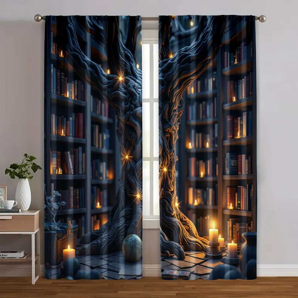 

2pcs, Curtains Roller Blinds Enchanted Tree Hole Bookshelf Machine Washable Fabric (without rod) Festive for Living Room,