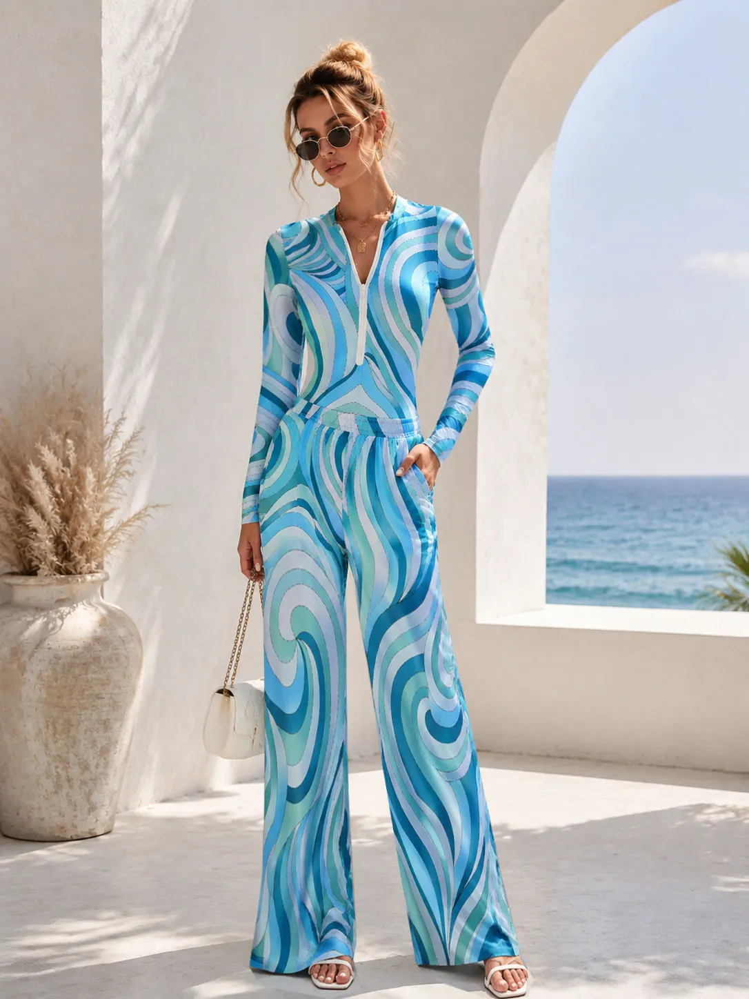 Fashion Long Sleeve Printed Swimsuit With Pants Set Women One Piece Swimwear Retro Lady Front Zipper Bodysuit Mujer Bathing Suit