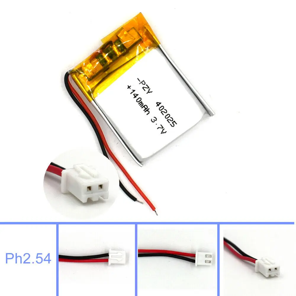 3.7V 140mAh Lipolymer 402025 Battery Rechargeable with 2Pin JST Plug Cell for Lamp Led Camera GPS Recorder Reader