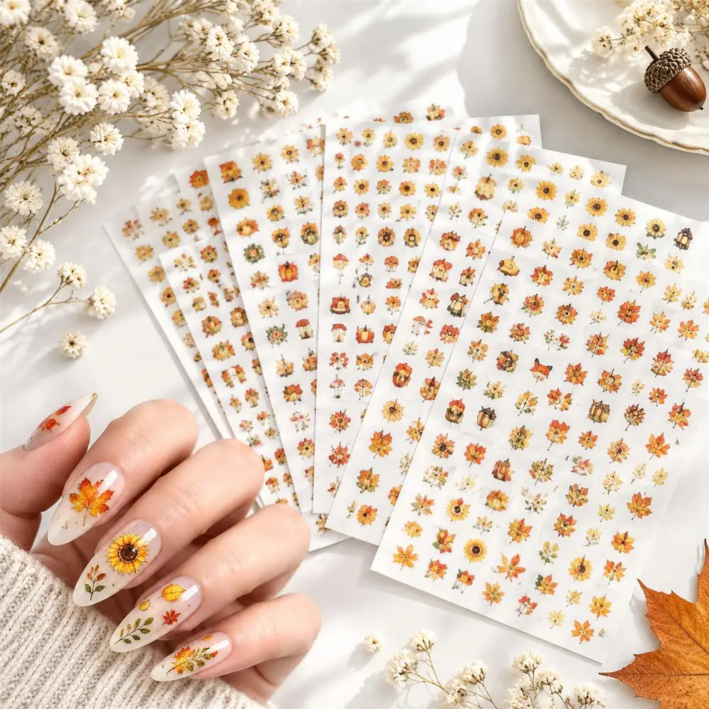 12Pcs Minimalist Nail Decals Gold Foil Squirrel Hedgehog Maple Leaf Self Adhesive Sliders DIY Nail Stickers Decor Collection