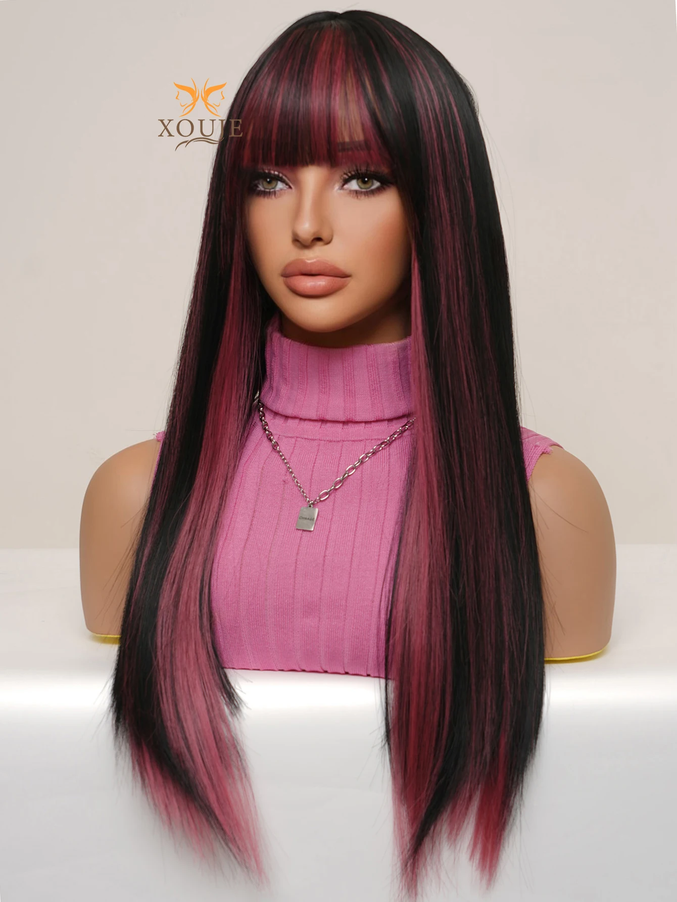 XOUJE Long straight hair black mixed pink synthetic fiber wig with bangs for attractive women suitable for daily cosplay use