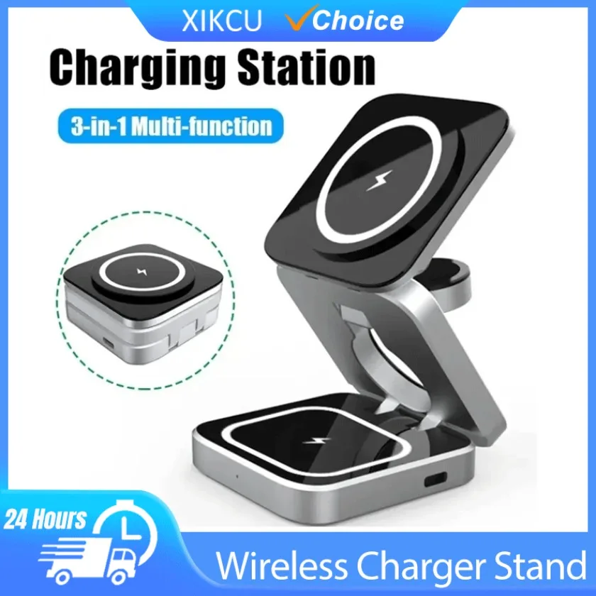 3 in 1 Foldable Wireless Charger Stand Dock Fast Charging Station for iPhone 17-12 Pro Max Apple Watch 8 7 Holder Magnetic