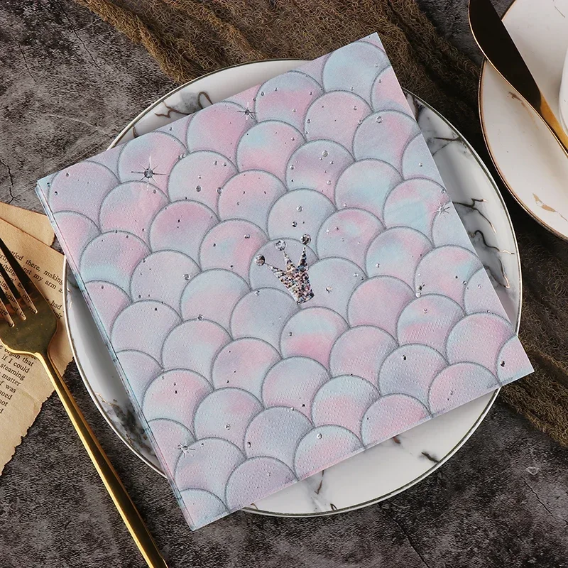 High-end Hot Mermaid Fish Scale Printing Pink Color Printing Paper Napkins Party Pure Wood Pulp Paper 20 Sheets 33*33cm