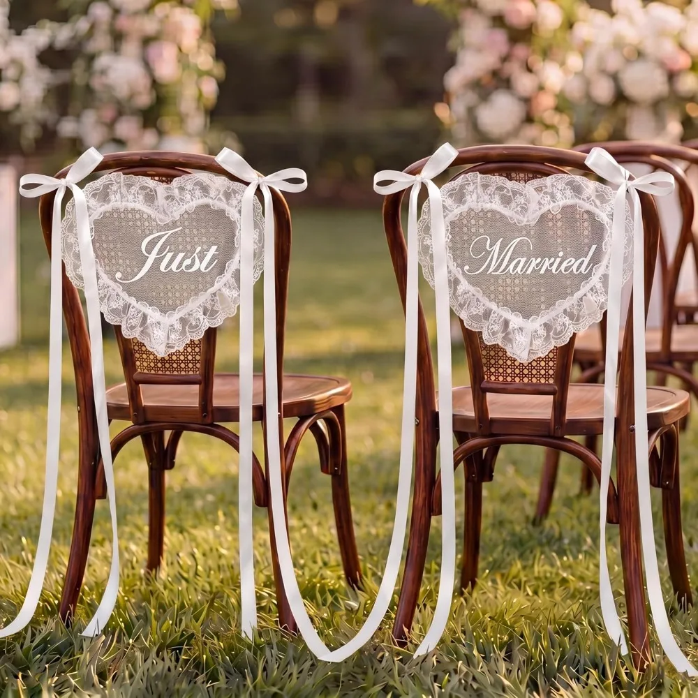 2Pcs/1set Just Married Lace Chair Signs Sheer Heart Ribbon Decor for Wedding Reception Sweetheart Table Bridal Shower Ceremony
