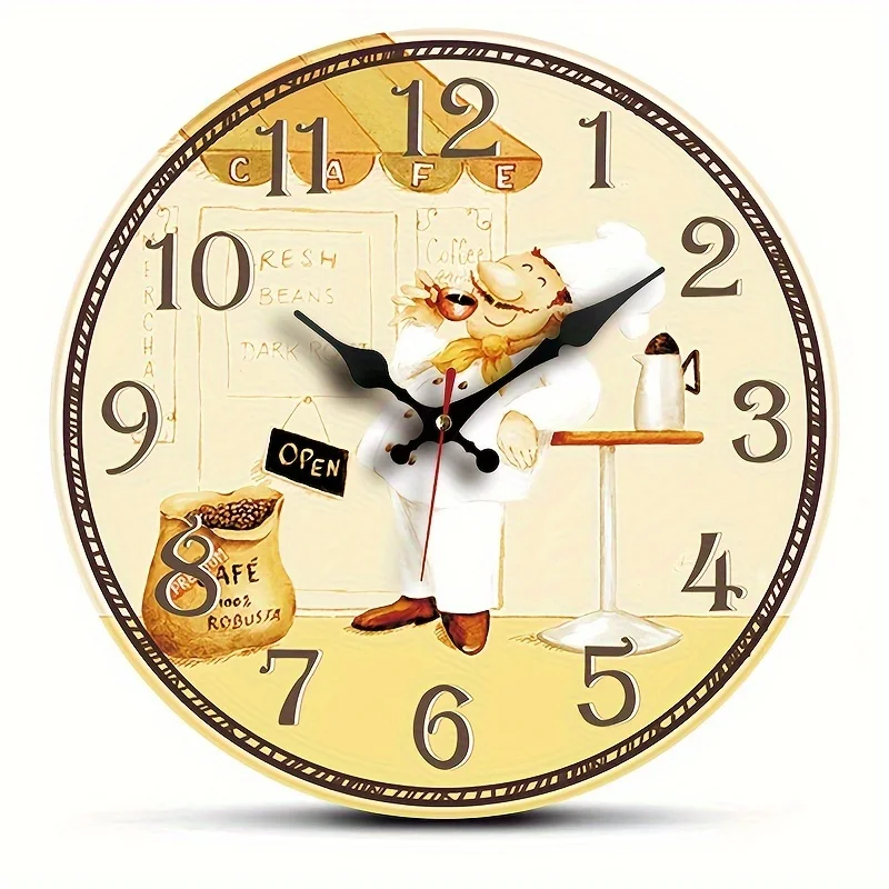 1pc Vintage Chef Coffee Wall Clock - Silent Quartz Movement Round Wooden Clock, Rustic Country Style for Bedroom, Living Room, Office, Kitchen & Bathroom Decor, Flat Crown, AA Battery Operated (Battery Not Included)