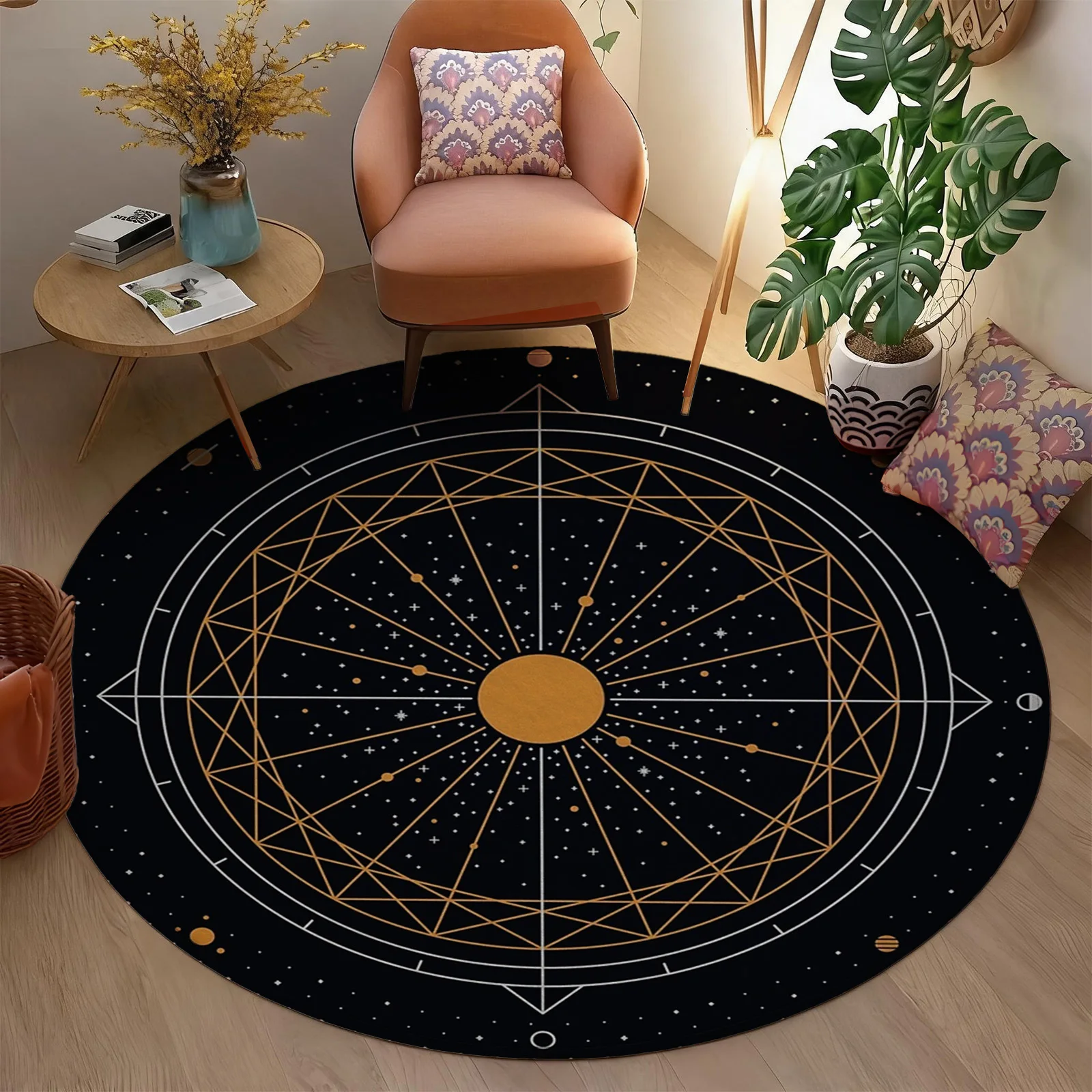 Large Round Constellation Area Rug Black Gold Star Map Celestial Astrology Zodiac Boho Space Decor Modern Living Room Carpet Mat - view 3