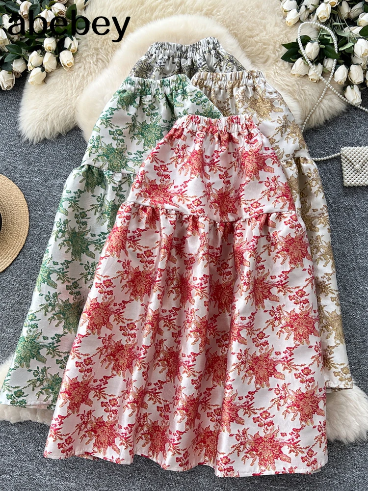 

Новинка 2026, осенняя юбка трапециевидной формы для отпуска, модная юбка с высокой талией и цветочной вышивкой, легкая роскошная элегантная базовая длинная юбка