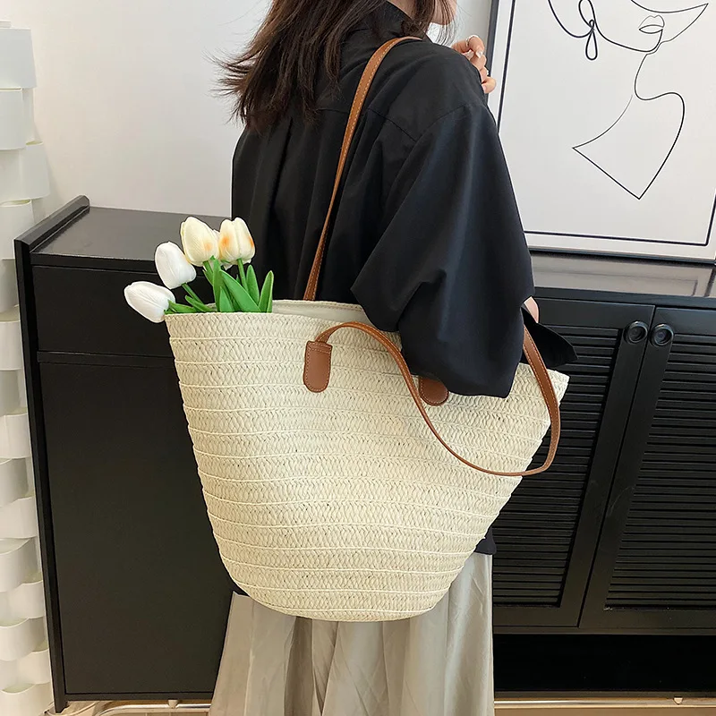 Women\'s Large Capacity Shoulder Bag Summer Straw Woven Basket Handbag Fashion Female Luxury Designer Beach Bag Bali Shopper Tote