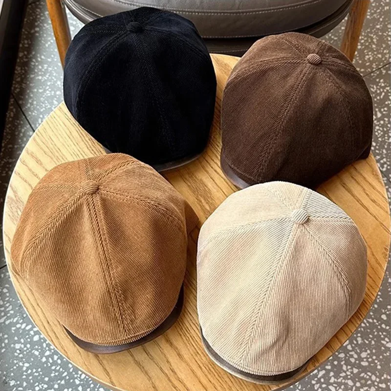 단색 가을 겨울 여성 베레모 빈티지 코듀로이 포워드 캡 캐주얼 소녀 아티스트 화가 모자