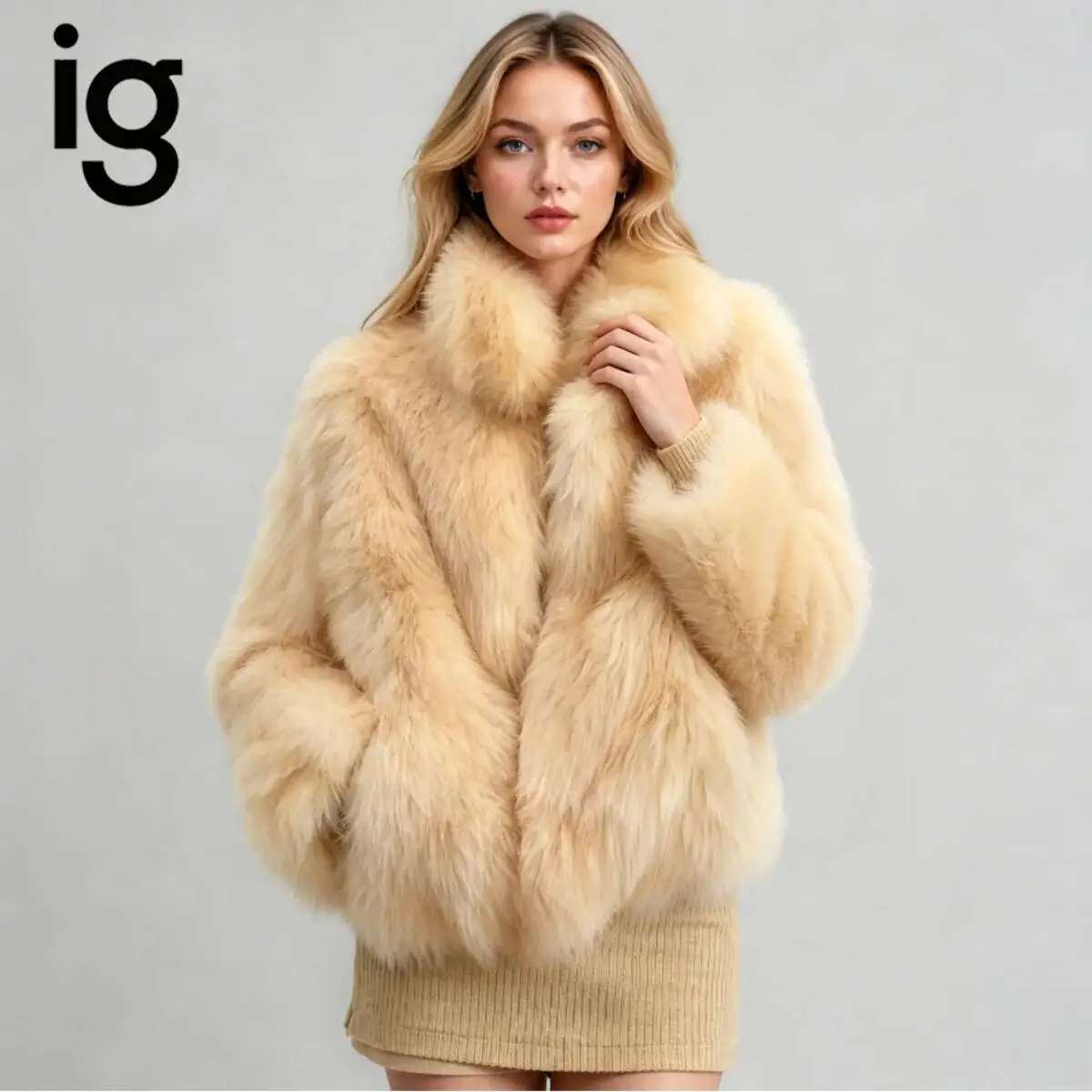 IG Women Faux Fur Coat Lapel Collar Short Cropped Fluffy Furry Jacket Luxury Thick Warm Winter Outerwear Loose Oversized