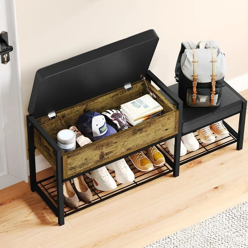 Parent-Child Shoe Storage Bench with Cushion, 39.4“ Black Entryway Storage Bench, Shoe Rack Bench for Front Door E