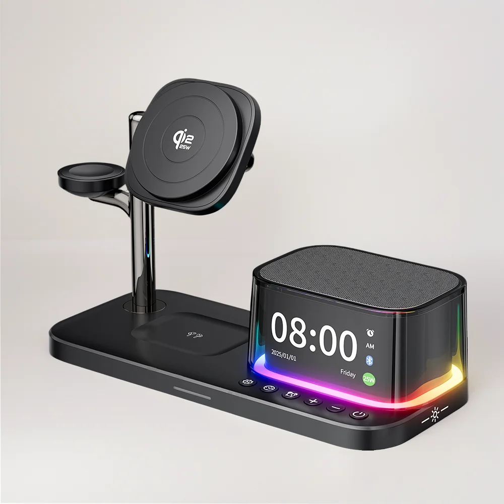 

Qi2 25W Wireless Charger 2025 Multifunction Light Rgb Desk Alarm Clock Bluetooth Speaker 5 in 1 Fast Charging for Iphone 17 16