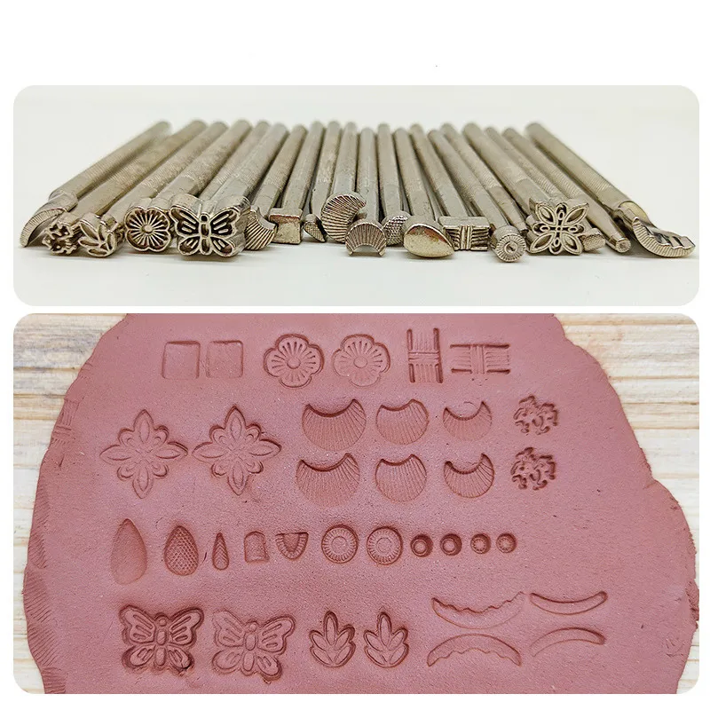 Pottery Stamps for Embossing Leather Tools Stainless Steel Flowers Punch DIY Ceramic Manual Stamp Printing Mold Set