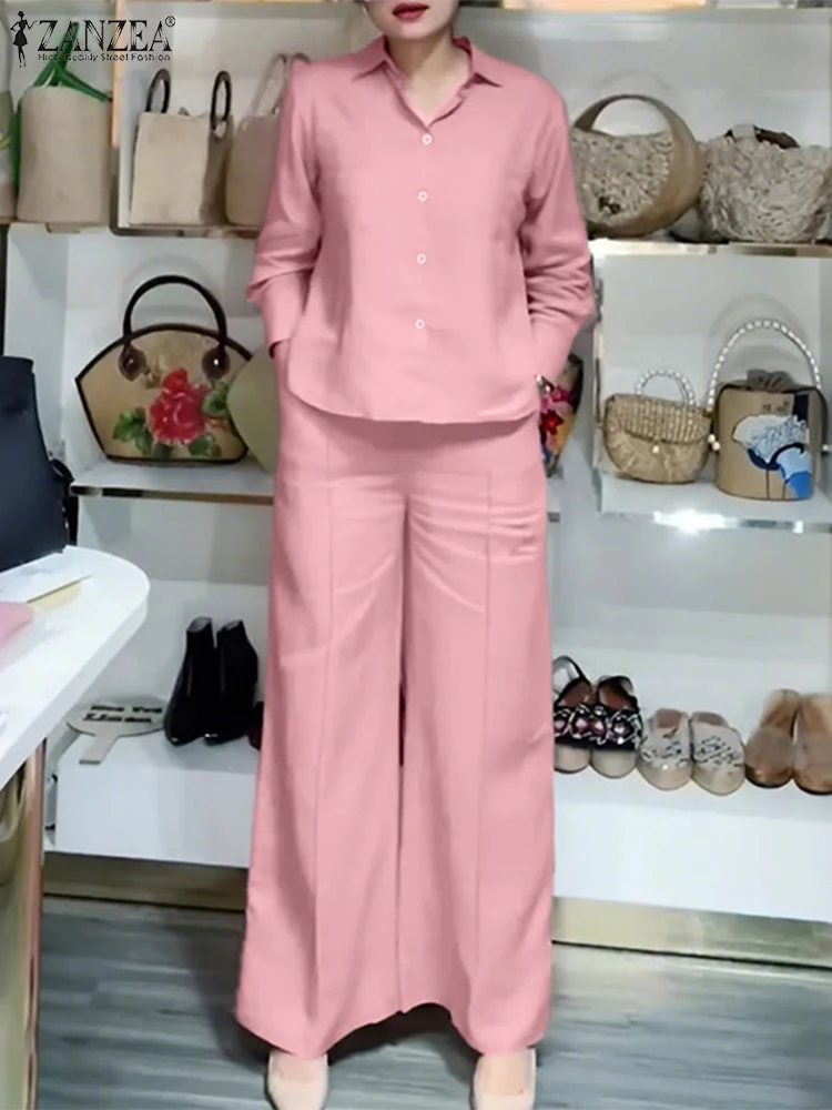 2025 Herfst Broek Pak ZANZEA Elegante Revers Hals Lange Mouw Losse Broek Sets Vrouwen Bijpassende Sets 2 STKS OL Werkoutfits