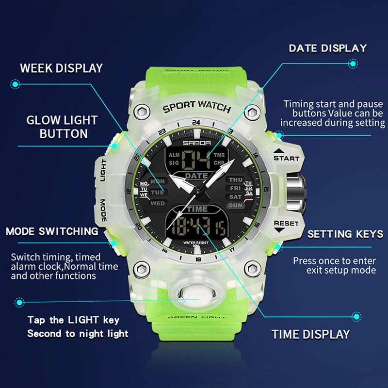 SANDA Dual Display Men Watches 50M Waterproof Sports Watch Military Man Alarm Stopwatch Quartz Wristwatch Male Digital Clock