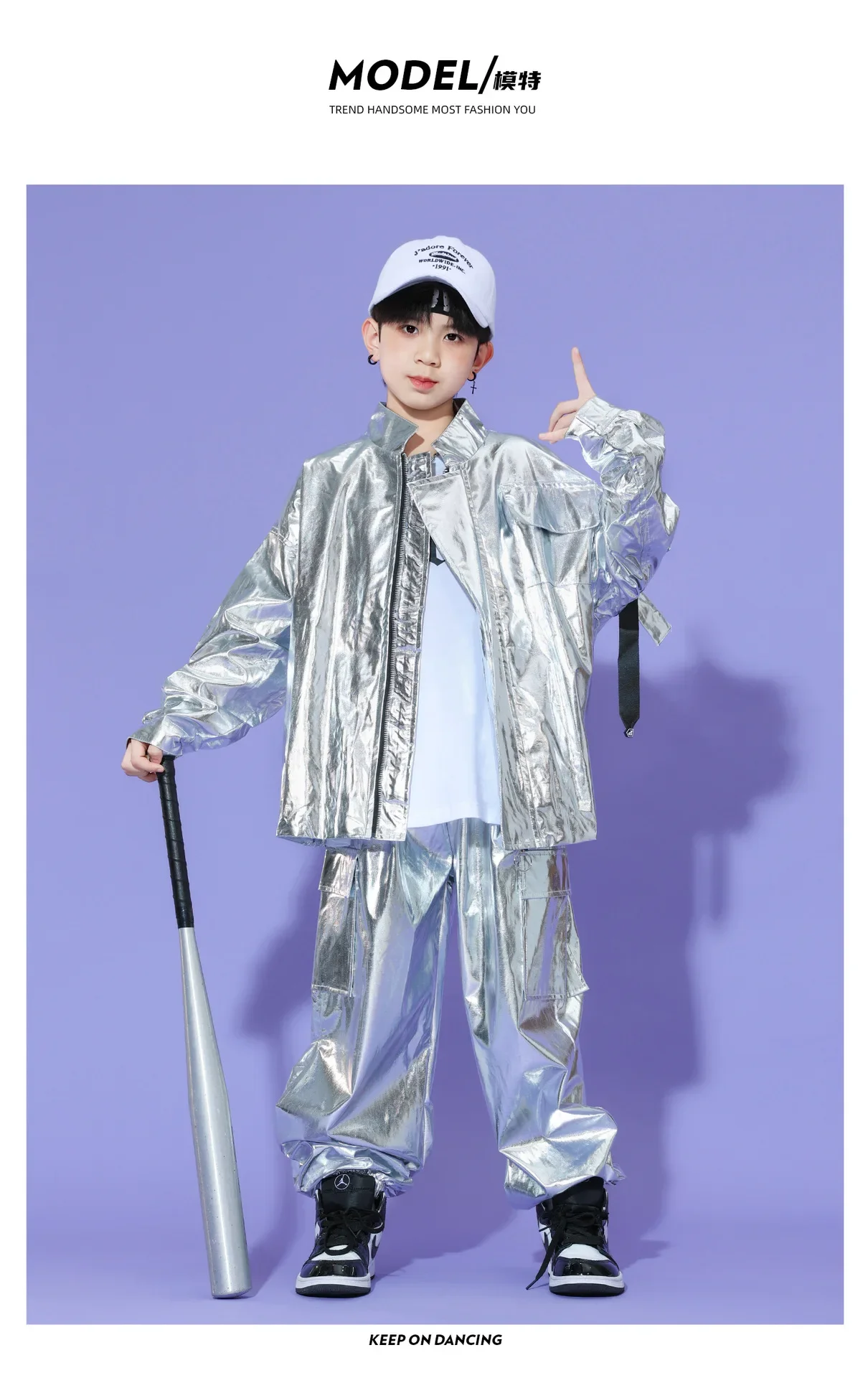 Neues Kinder-Hip-Hop-Set aus glitzerndem silbernem Leder, Bühnenkostüm für Mädchen, Street-Dance-Kopf-Performance-Kostümset für Jungen – Detail 8