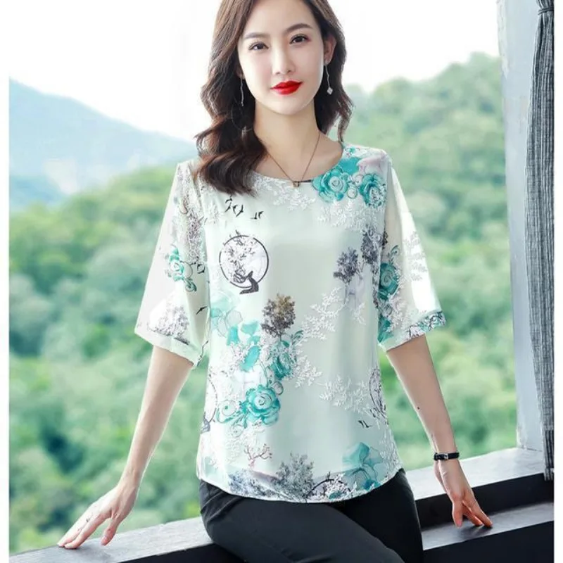 Women Summer Fashion Printing Loose Appear Thin O-neck Short Sleeve Chiffon Shirts Women Clothes Elegant All-match Trend Tops