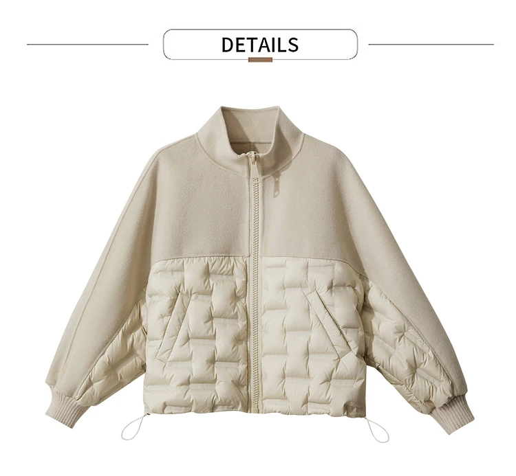AMII Down Coats 100% Wool Stand Collar Loose Spliced Jackets for Woman 2024 Winter Warm New Casual Versatile Jacket 12454007