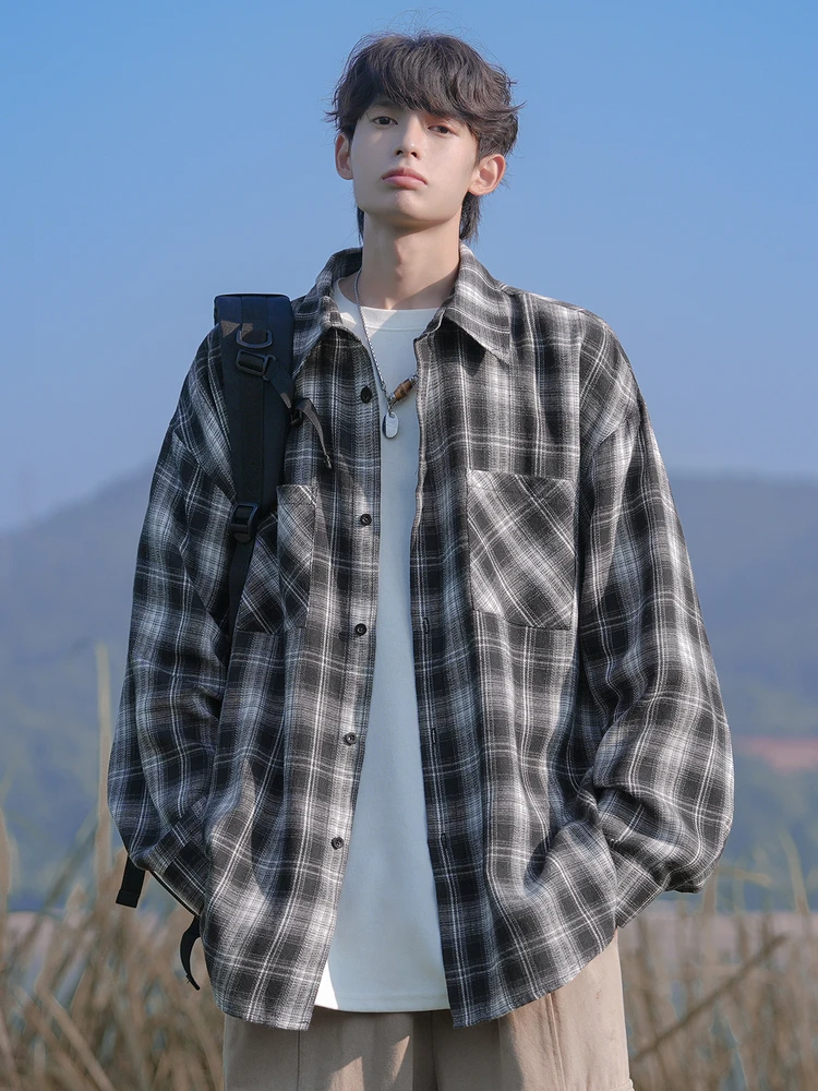 

Loose Fit Gradient Plaid Long Sleeve Men's Shirt plus Size Fashionable Fat Collar Hong Kong Style Spring Clothing