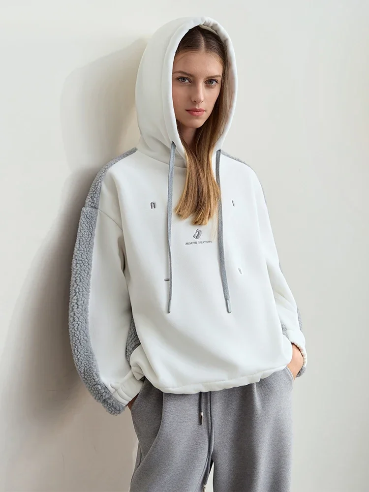 Amii Drawstring Hooded Splicing Imitation Lamb Wool Sweatshirt Embroidered 2024 Winter Women\'s Loose Thermal Tops 12444131