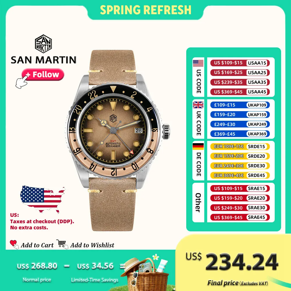 

San Martin 40mm Retro NH34 GMT Sandwich Dial Watch Bidirectional Sapphire Bezel 20Bar Luxury Stainless Steel Wristwatch SN0134