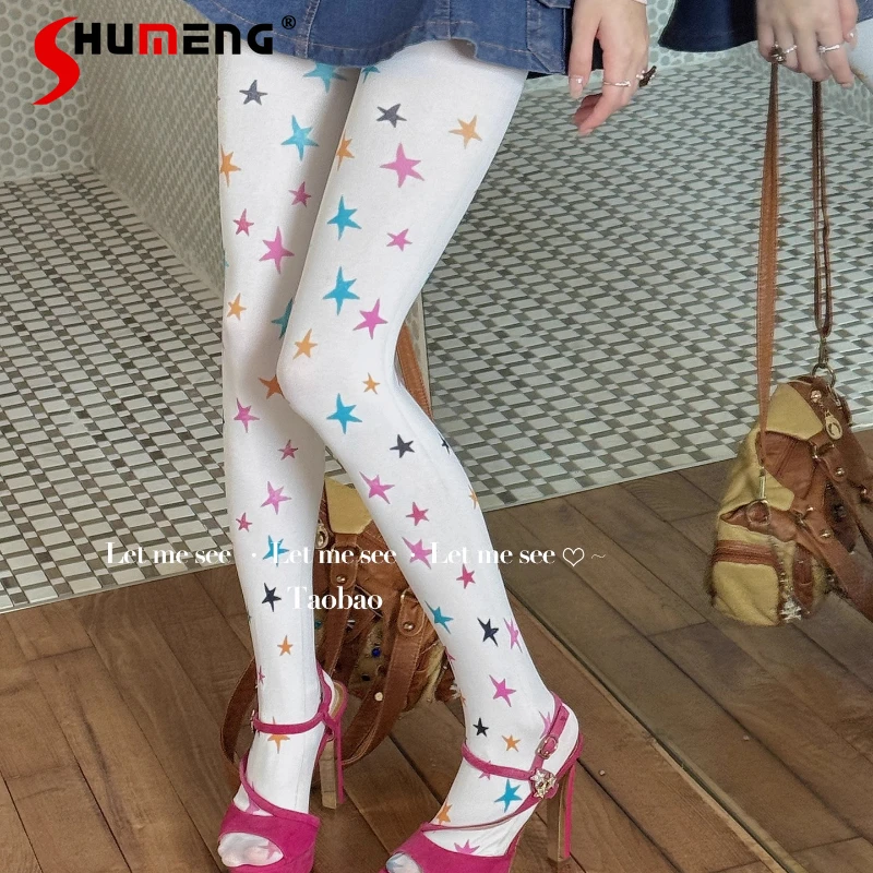 

Japanese Original Colorful Star Velvet Pantyhose Girls White Printed Tights White Color Women's Socks Kawaii Sweet Y2k Hosiery