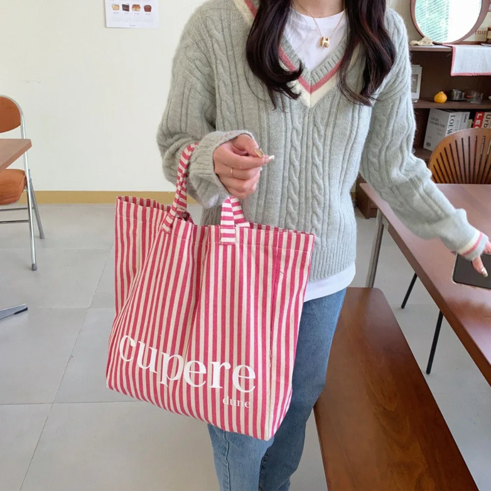 Large Capacity Striped Tote Bag Trendy Canvas Shoulder Bag Underarm Bag Daily Commuting Bag Handbag Travel Beach Bag