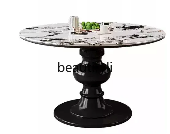 

French retro marble round dining table 2024 new small apartment cream wind solid wood round table