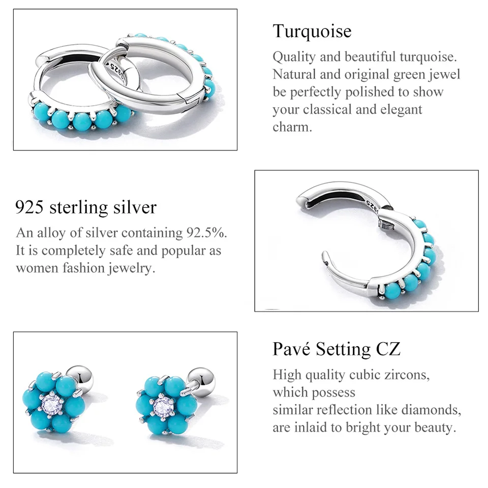 WOSTU European Vintage Natural Turquoise Hoop Earrings Solid 925 Sterling Silver Luxury Trendy Earring For Women Wedding Jewelry