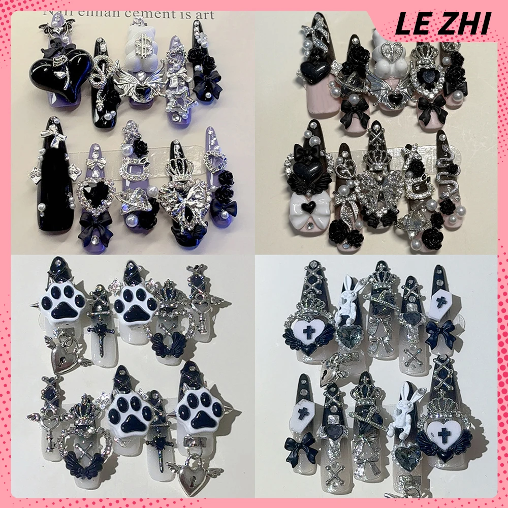 

Dark Punk Style Long Stilettos Handmade Wearable Press On Nails Heavy Metal Butterfly Wings Cat Paws Diamond Pearl Fake Nails
