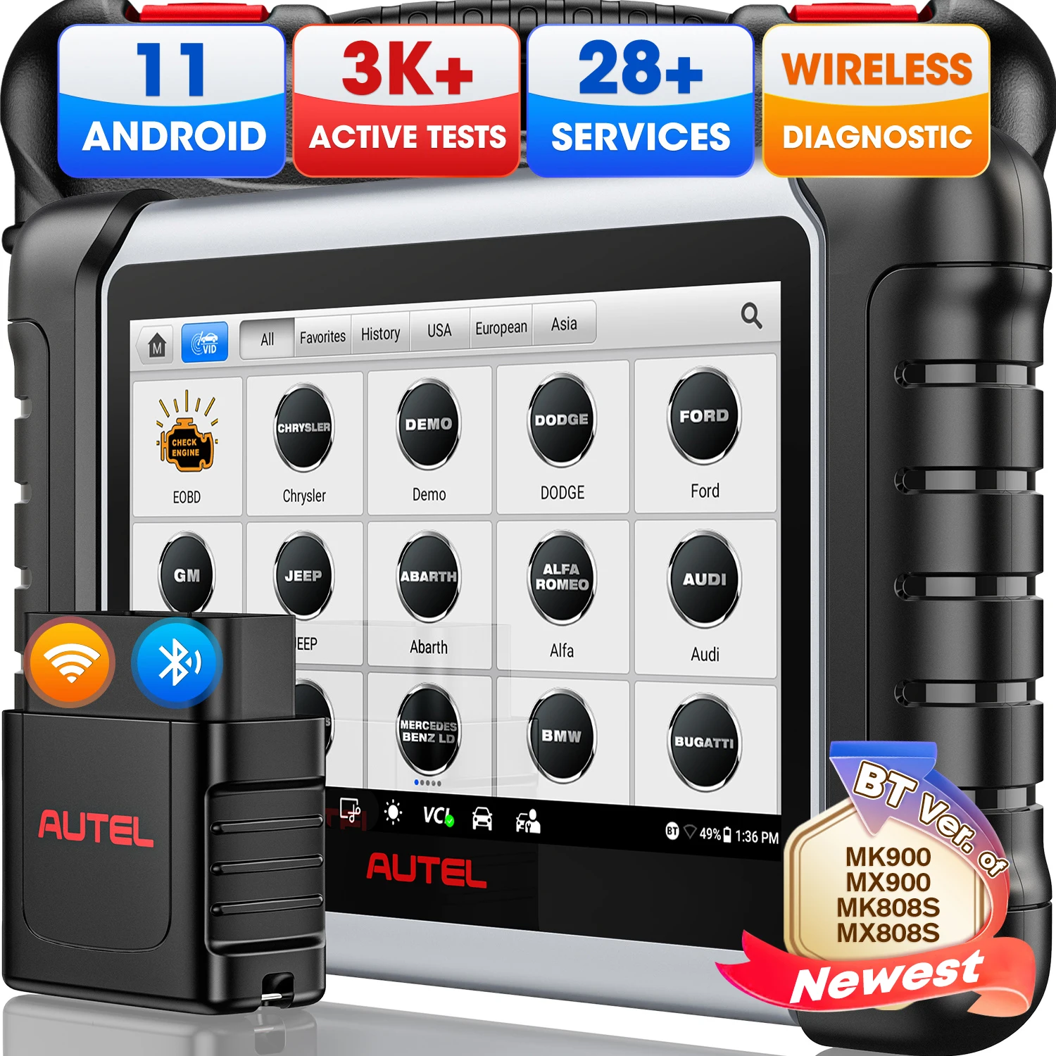 Outil bidirectionnel Autel Scanner MaxiCOM MK808 BT PRO, version améliorée du MK900BT MK900 MaxiCheck MX900 MK808S MX808S 3000+ Tests 28+ Services Diagnostic de tous les systèmes Codage des injecteurs FCA Android 11
