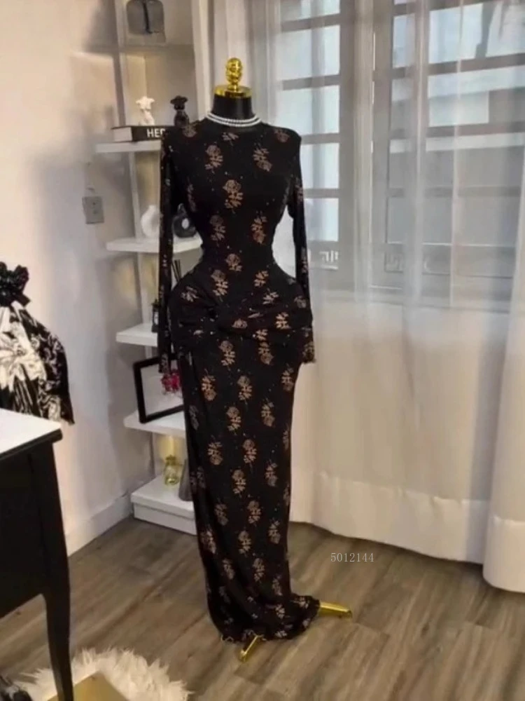 Femmes à manches longues imprimé fleuri empilé moulante longue robe 2025 automne soirée anniversaire soirée robes robes Sexy