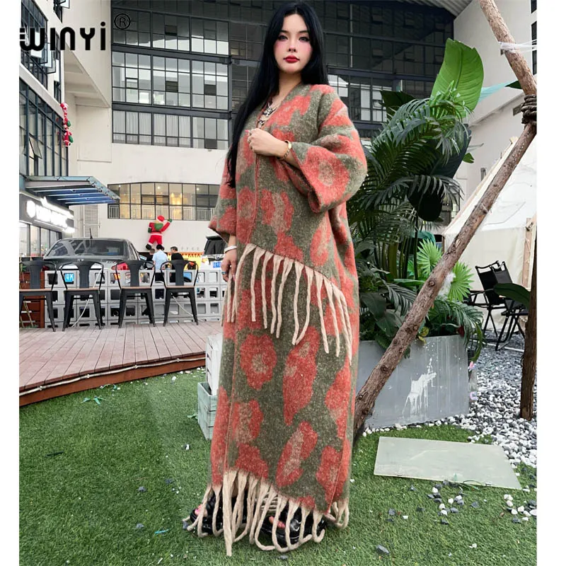 

WINYI African winter coat dress for women tassel cardigan Warm long down coat Middle East winter fashion abaya winter kimono