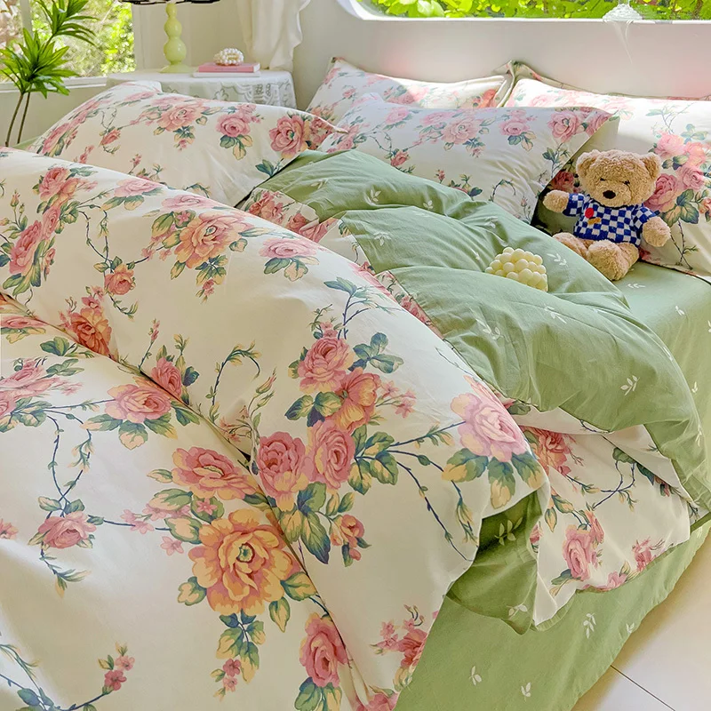 

2024 Hot Flora Style 100% Cotton Bedding Set Printed Four Piece Set Pure Cotton Bed Sheet Set Duvet Cover Queen King Size