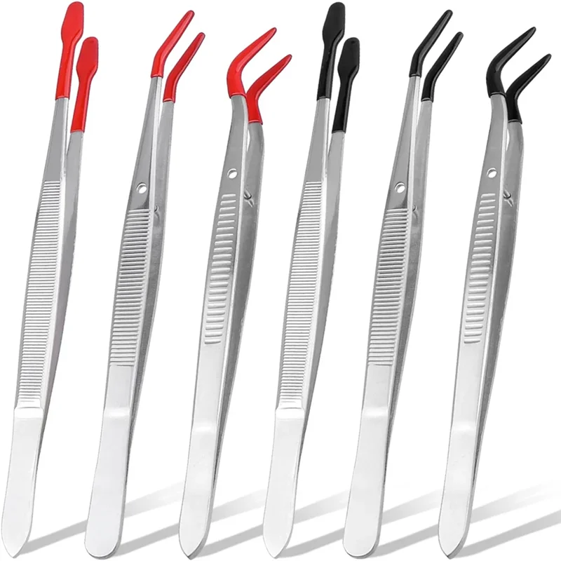 

6Pieces Stainless Steel Tweezers with Rubber Tips,PVC Coated Flat Tip Tweezers Bent & Small Elbow Tweezers Tool Set