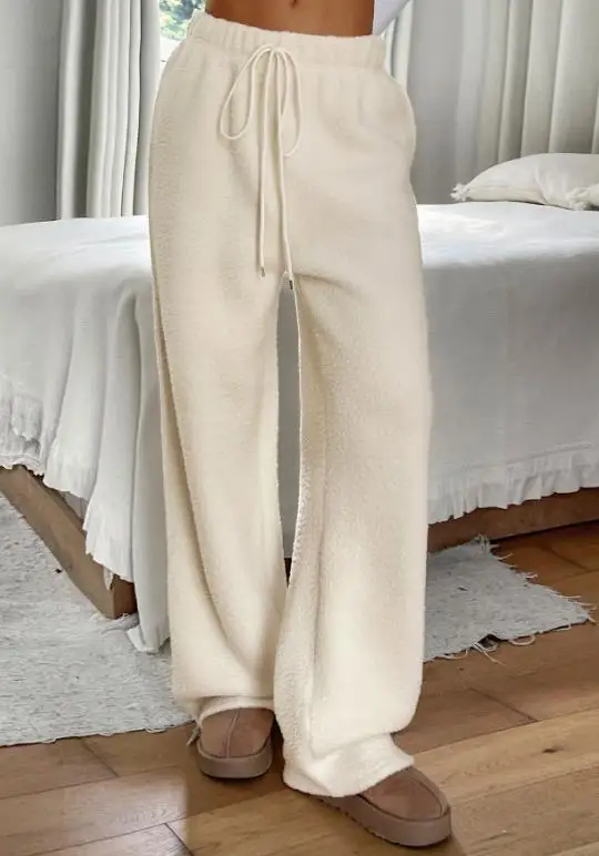 

Strap Up Waist Collection Casual Wool Women's Pants, Solid Color Comfortable and Simple Straight Leg Pants for Autumn and Winter