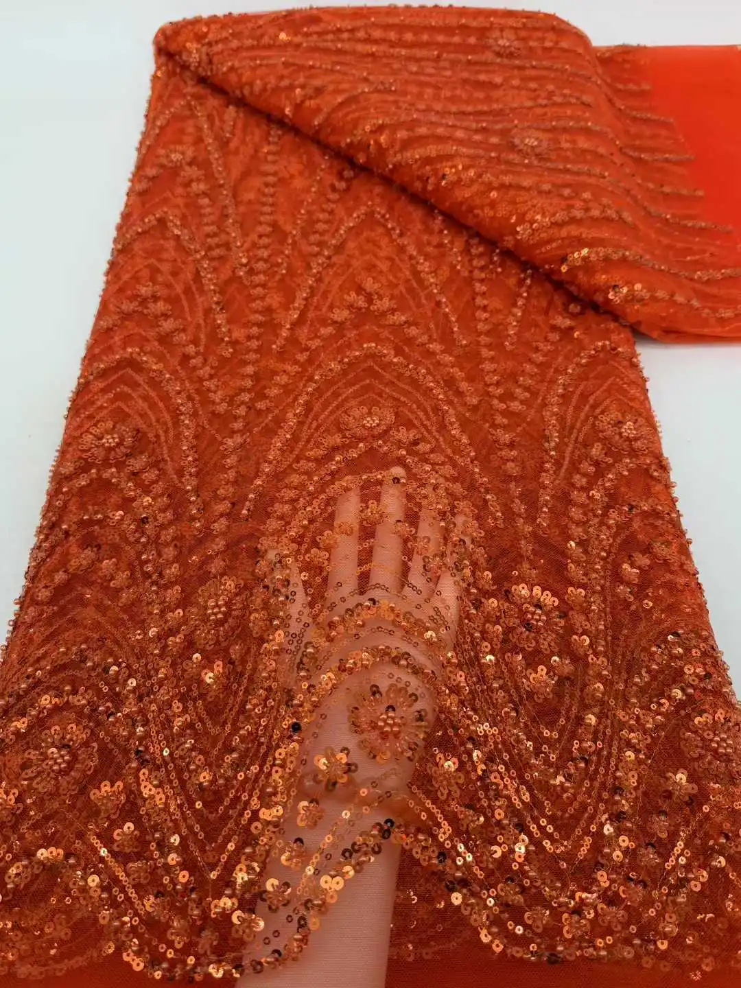 

High Quality African Lace Fabric 2025 French 3D Flower Red Sequins Embroidery Beads Tulle 5 Yard for Party Dress