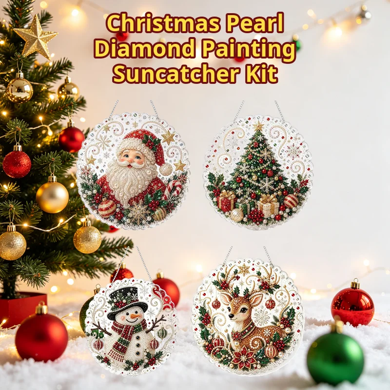 Christmas Pearl Painting Suncatcher Kit Diy Craft Metal Chain 3d Mixed-sized Pearl Beads Craft Festive Window Wall Decor