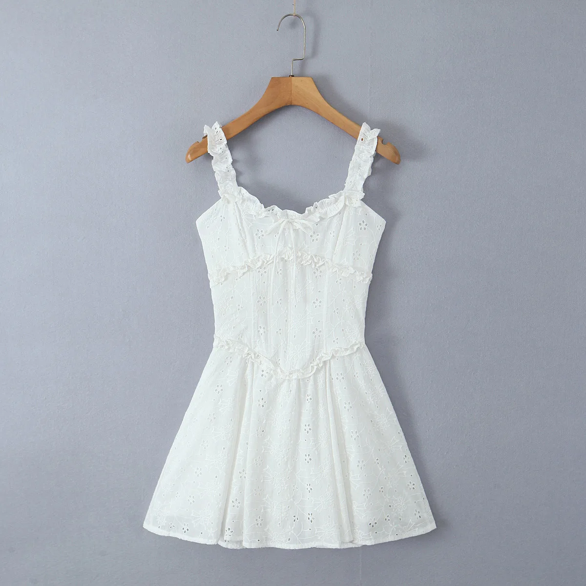

Jastie 2025 Holiday Style Beach Dresses Women Short Summer Sleeveless Wood Ear Lace Fishbone Strap Elastic Suspender Dress
