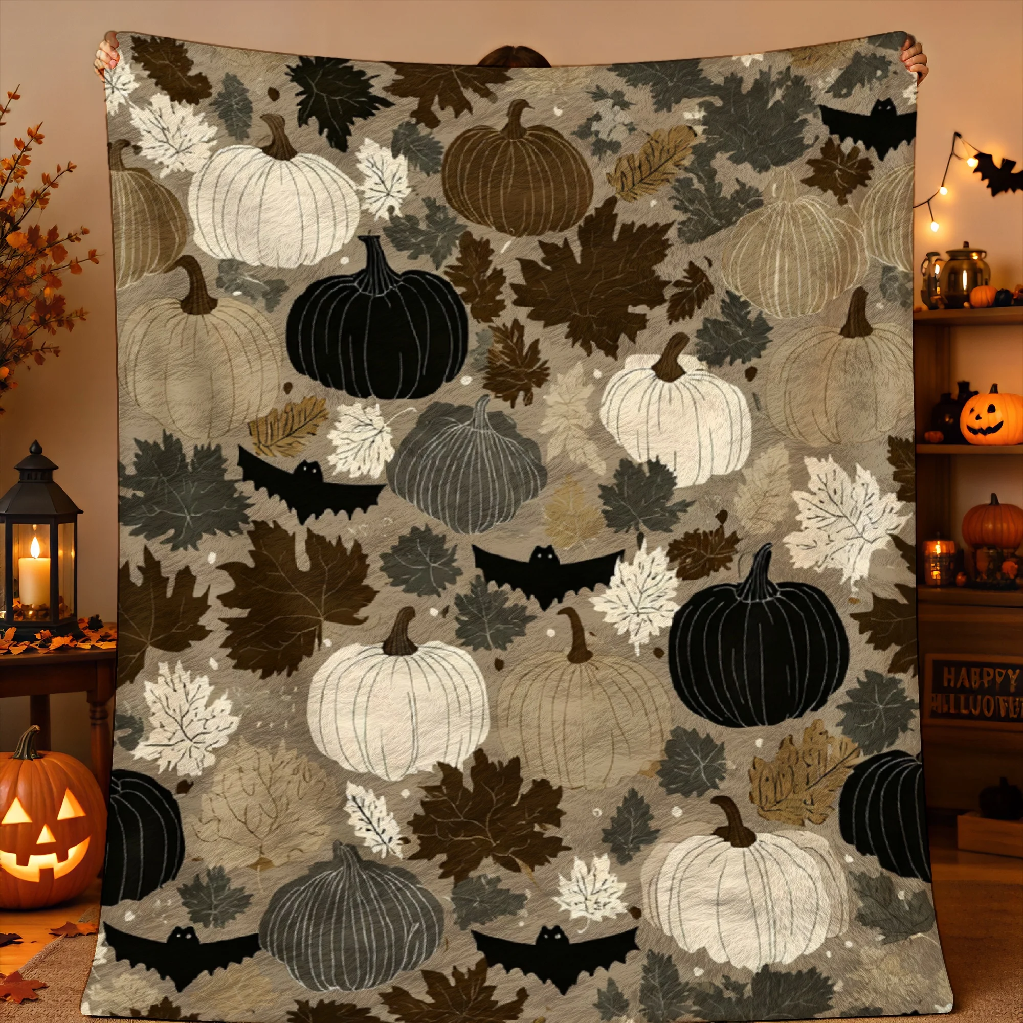 1pc 2D Printed Pumpkins Leaves Bats Autumn Pattern Cozy Throw Blanket for Fall Halloween Decor Warm Comfortable Soft Blanket for