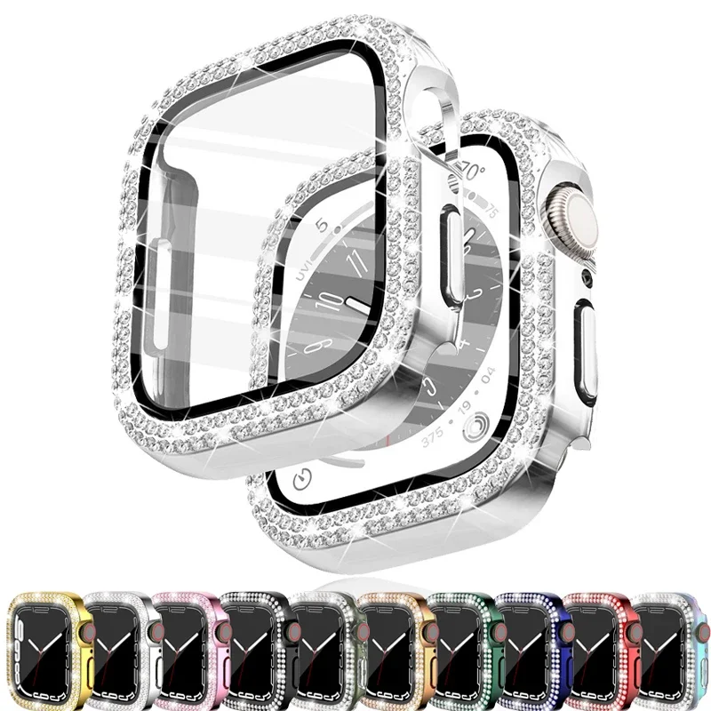 Diamond Cover per Apple Watch Case 45mm 41mm 44mm 40mm 42mm 38mm protezione dello schermo del paraurti in vetro temperato IWatch Series 7 8 9 SE 3