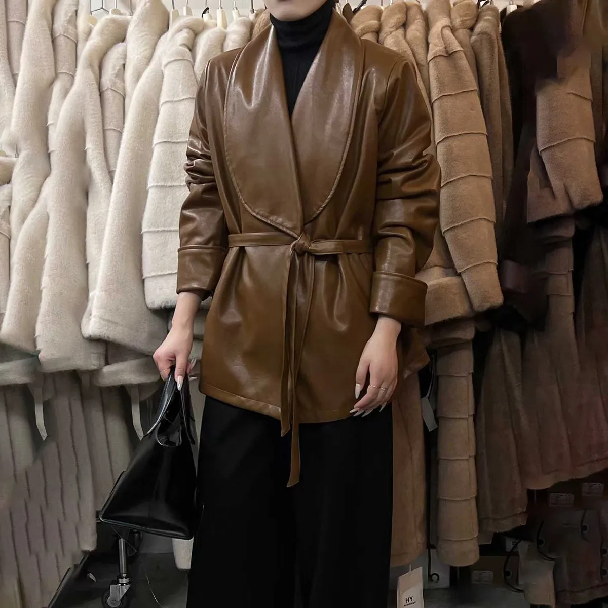 BJTZ, solapa con muescas, cinturón en la cintura, abrigo de cuero PU, gabardina gruesa de invierno para mujer, prendas de vestir exteriores elegantes y cálidas para otoño