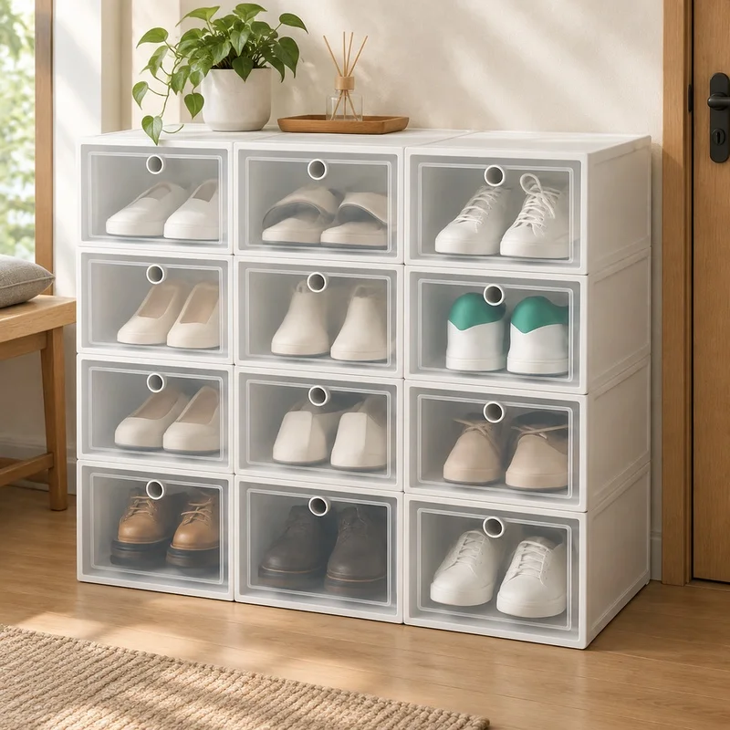 6-Pack Transparent Shoe Storage Containers with Foldable, Dustproof, and Stackable Features for Organized Cabinets