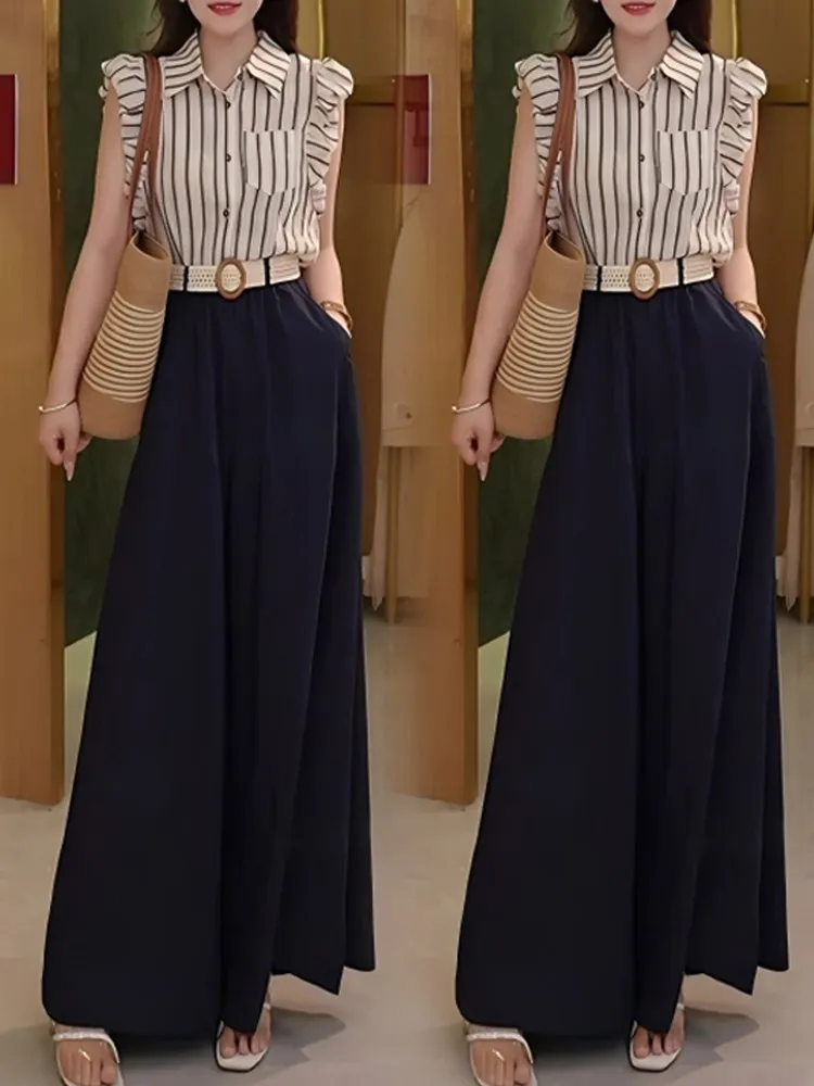 

Striped Shirt High Waist Wide Leg Pants Women's Set 2026 Summer New Korean Version Fashion Trend Two-piece Set