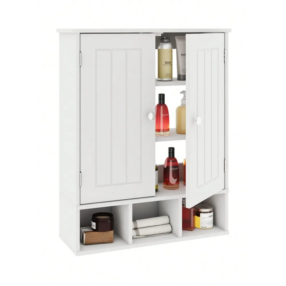 

Wall Mounted Bathroom Cabinet With 2 Doors And 3 Open Shelves, Toilet Lockers Above, Adjustable Shelves And Double Doors, Space