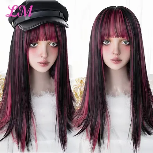 Imagen 2 del producto LM-peluca sintética de Lolita larga y recta con reflejos rosas, pelo de doble Color para niña, Cosplay, uso diario con flequillo
