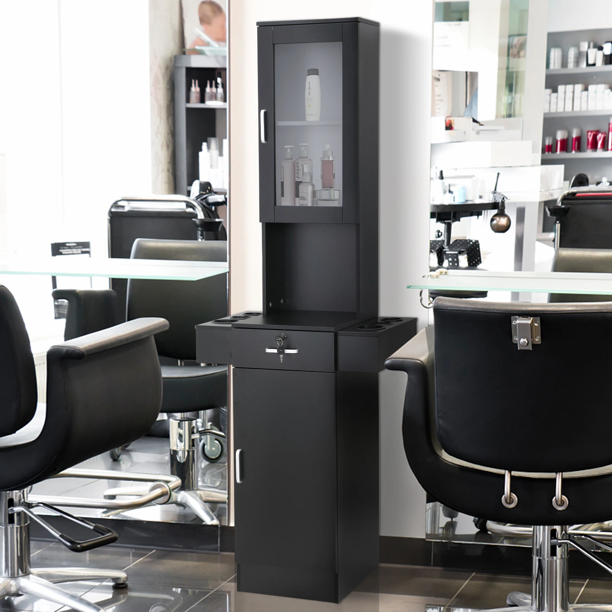 Classic barber shop, salon with locked drawer, glass door, clothes dryer rack, wooden hair styling equipment, black.