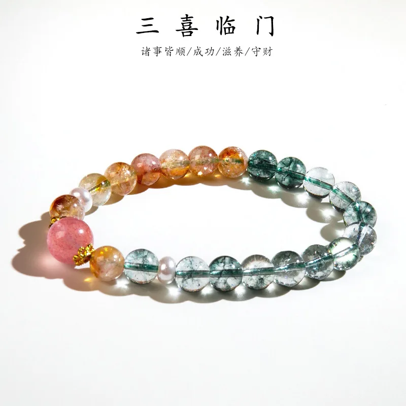 

Phantom Beaded Women Green Rutilated Yellow Tower Strawberry Quartz Natural Bracelet Je