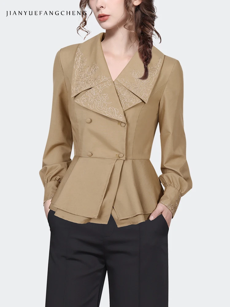 2024 Spring New Womens Khaki Embroidery Blazer Long Sleeve Suit Collar Elegant Slim Outwear Office Ladies Worksuits Tops